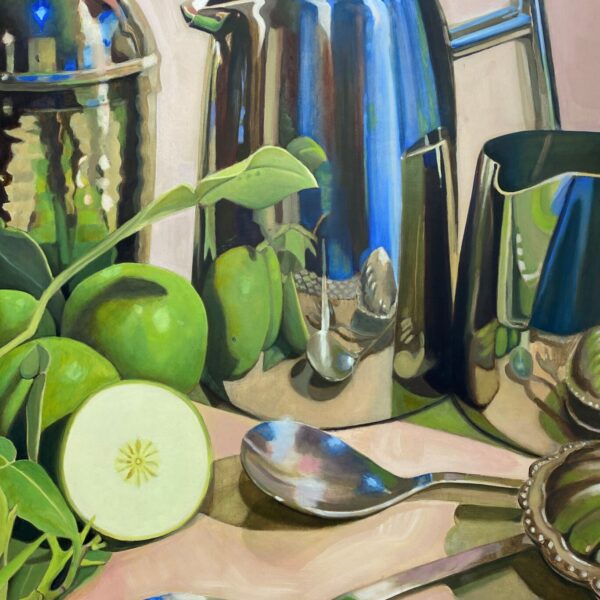 oil painting of apples and silver pot